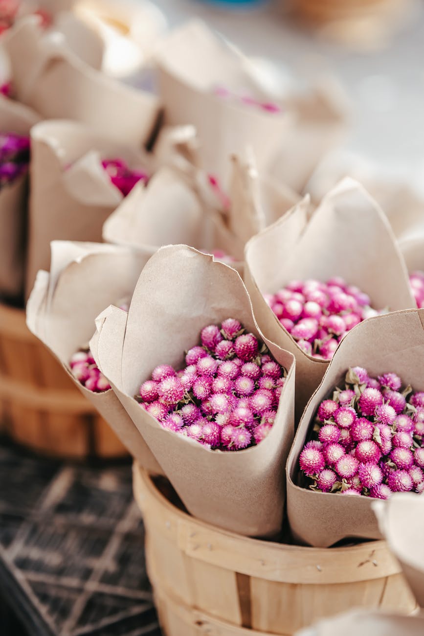 fresh bouquets of flowers in market