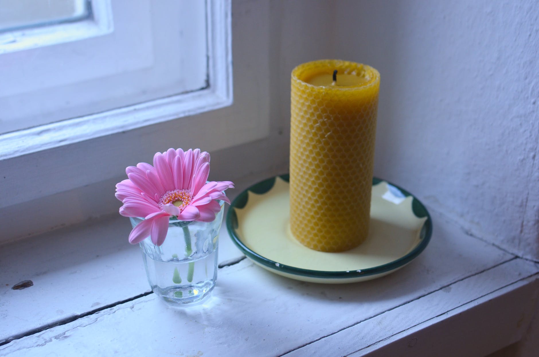 flower and candle on windowsill