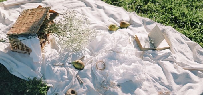 white picnic blanket on grass